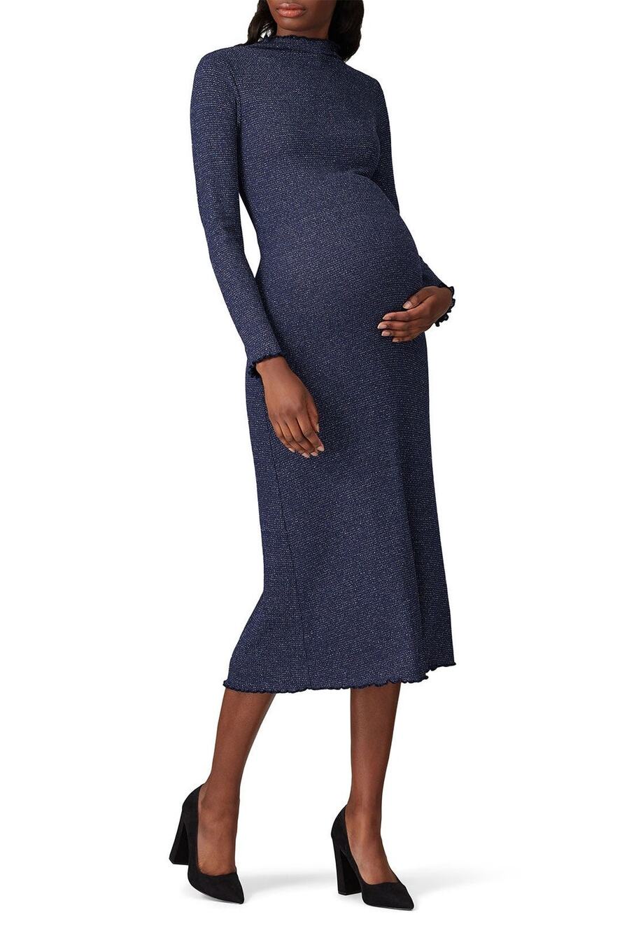 Rachel Pally Navy Metallic Ribbed Mara Maternity Long Sleeve Midi Dress Size S